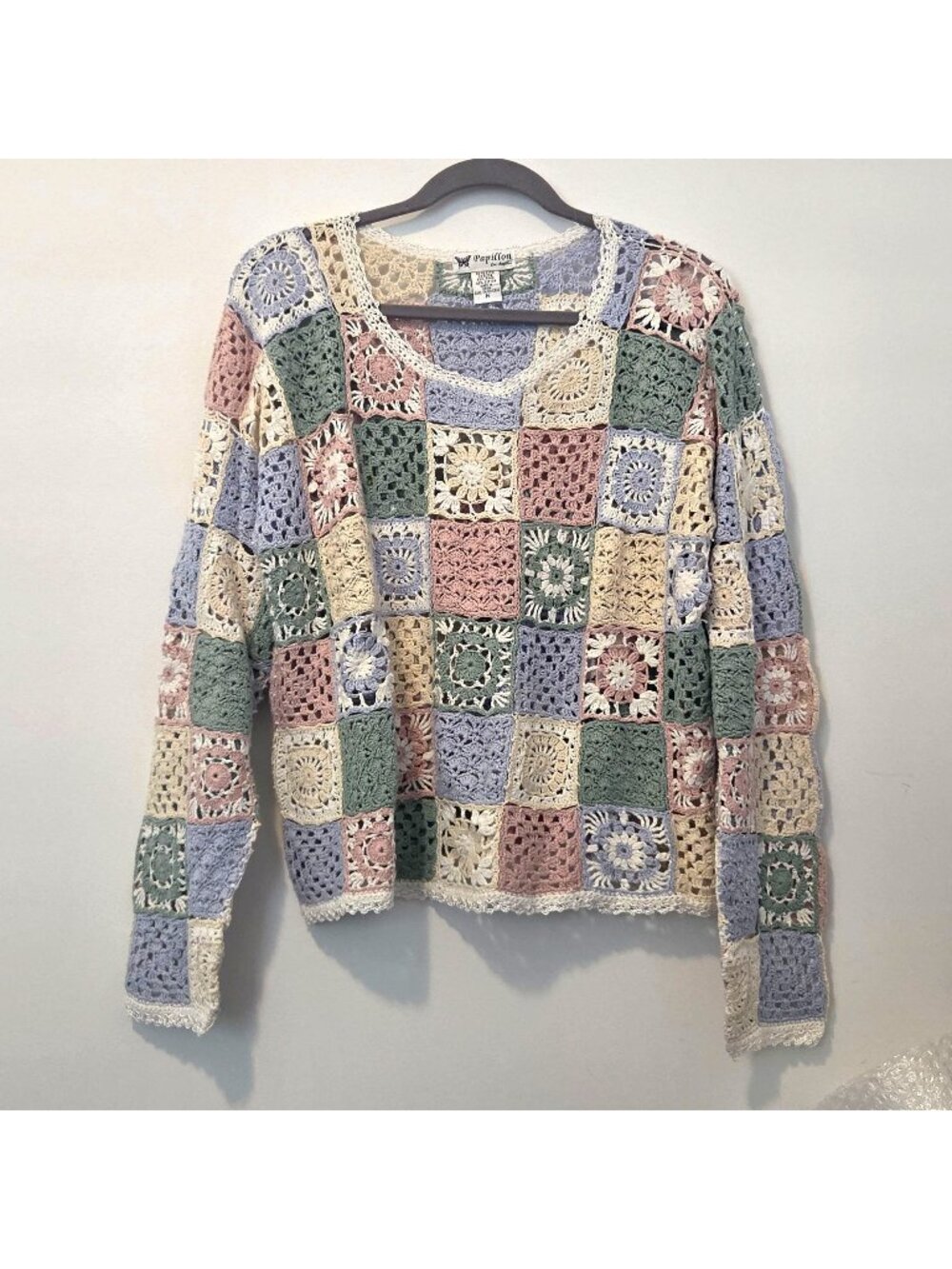 Papillon Los Angeles Crochet Granny Square Boho Long Sleeve Top Vintage Womens M